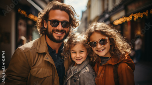 Smiling family exploring a vibrant cityscape on their urban vacation, family vacation, summer, banner, natural light, affinity, bright background Generative AI