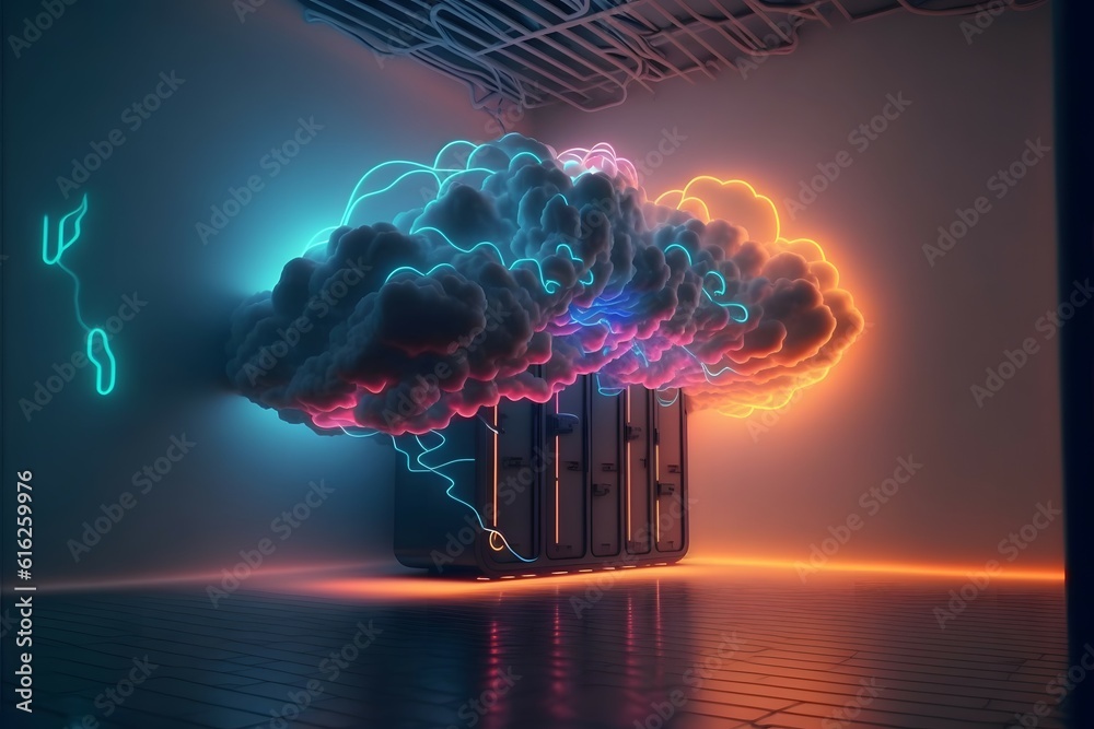 Foto de neon Cloud in sever room. Realistic, highly detailed, rendered