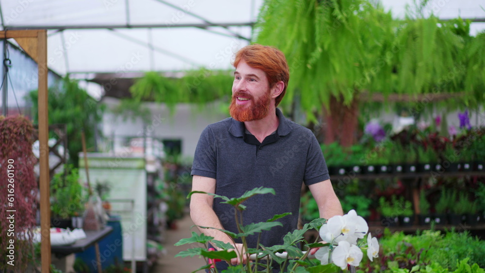 Happy Young Man with Shopping Cart exploring Aisle in Horticulture Store. Male Customer Shopping for Plants at Local Garden Shop Happy Young Man with Shopping Cart exploring Aisle in Horticulture Store. Male Customer Shopping for Plants at Local Garden Shop