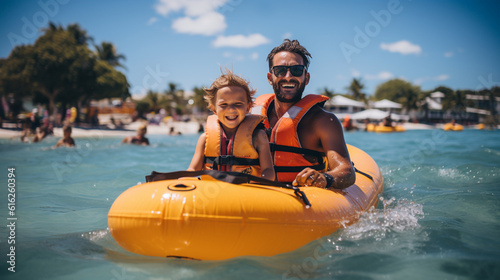 Playful family enjoying a day of water sports and activities at a tropical resort on their summer vacation, family vacation, summer, banner, natural light, affinity, bright backgro Generative AI © Катерина Євтехова
