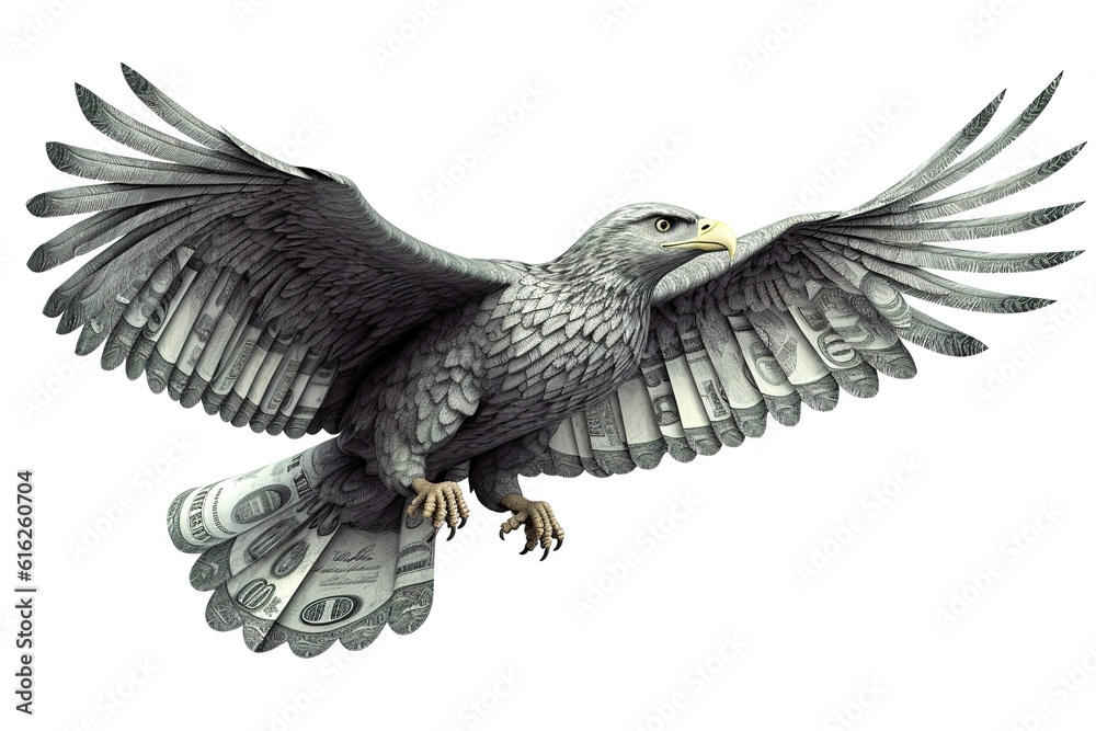 Fototapeta premium eagle with feathers from us dollars isolated on white background. Generated by AI.