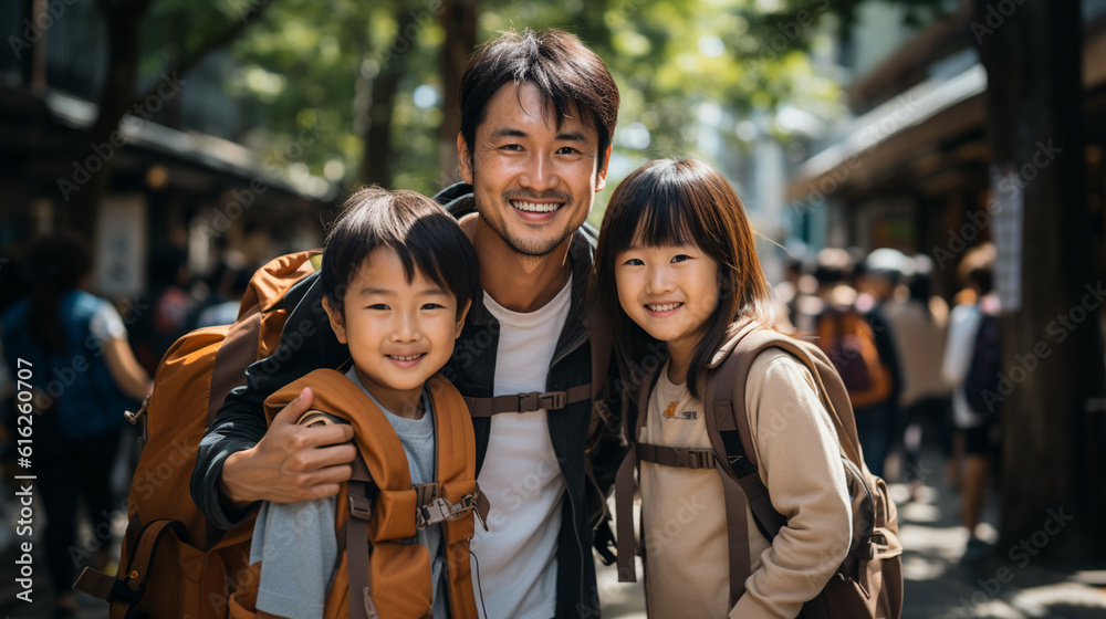 Excited family visiting a famous landmark and capturing memories during their vacation, family vacation, summer, banner, natural light, affinity, bright background Generative AI