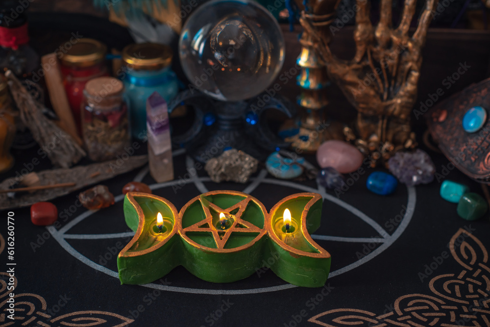 White magic, energy cleaning. Altar for witch, magic for love, health, attracting happiness . Esoteric concept	