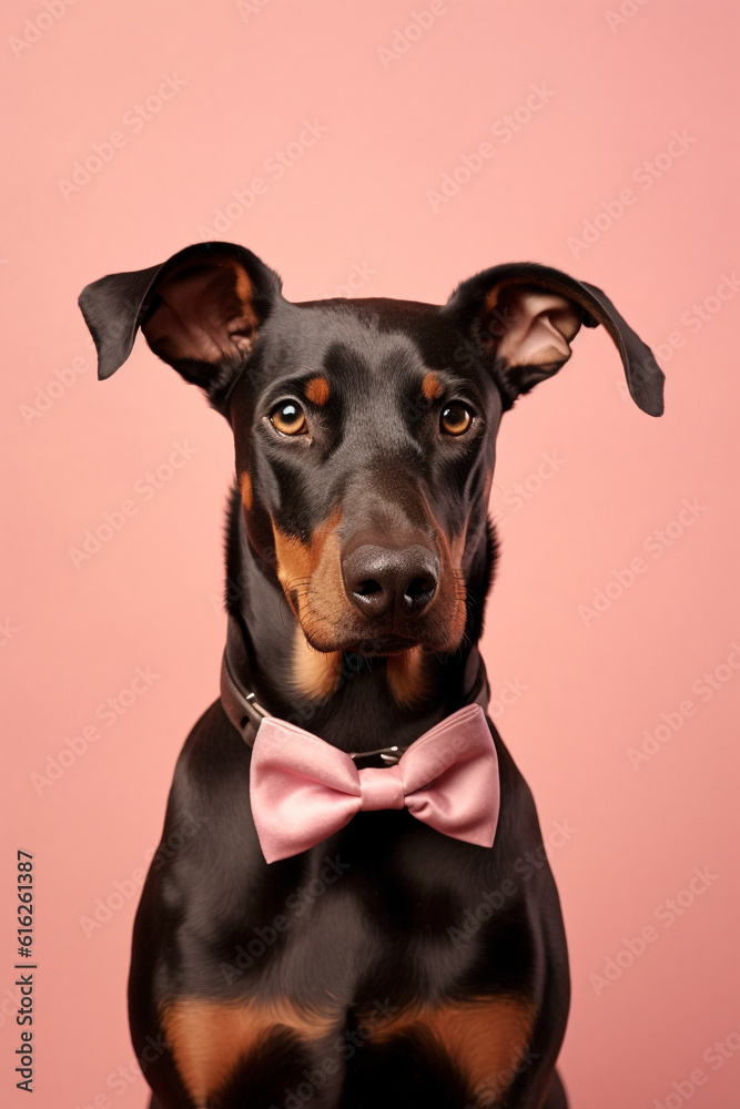 Dobermann dog with bowtie on pastel background