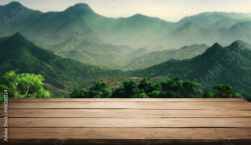 Illustration of an empty wooden table with green mountain background  Free space for product display