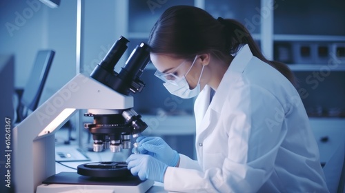 lab technician in a special uniform is performing a laboratory examination under a microscope