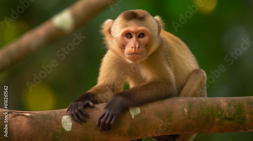 capuchin monkey on the tree green boke back. Generative AI