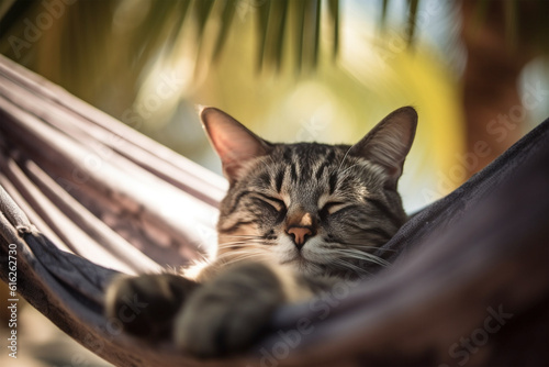 Cat relaxing in hammock between palm trees in summer. 