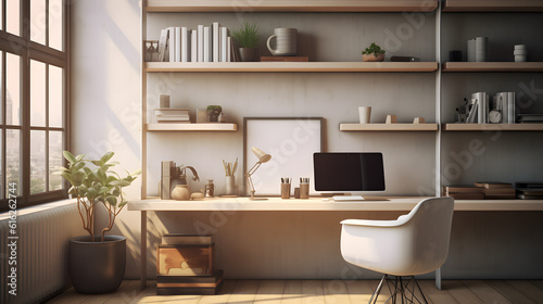 Working space, Wome office concept, Elegant stylish minimal home decor, morning sun, 3d render, Generative AI © suriya