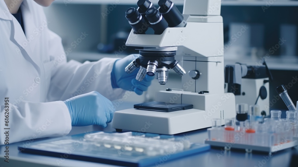 A laboratory technician makes microscopic bacteriological examination with the reagents. Work in microlaboratories A laboratory technician makes microscopic bacteriological examination with the reagents. Work in microlaboratories