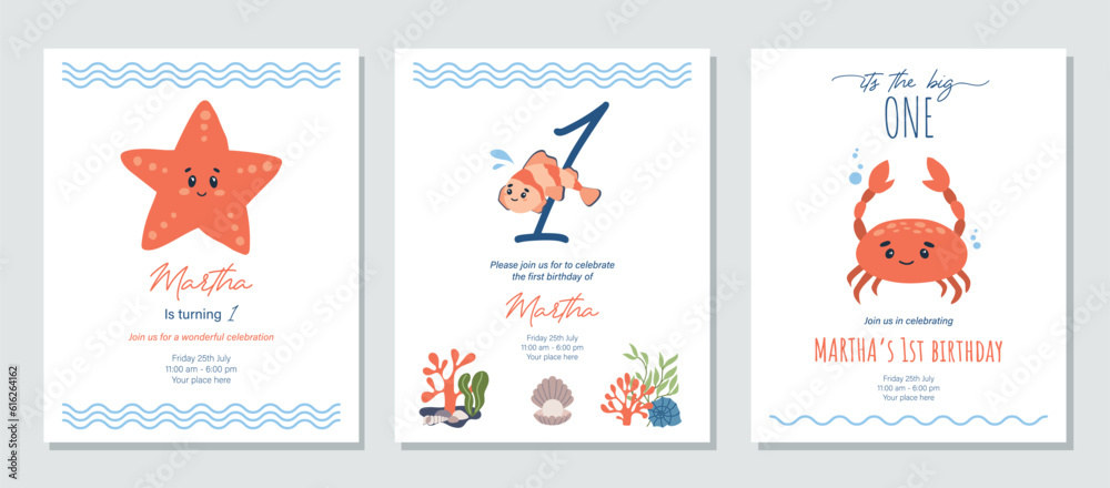 Fototapeta premium Under the sea birthday invitation with sea animals. Nautical baby shower invite. Printable baby girl invitation. Red and blue colors. Ocean themed birthday party template. Vector illustration
