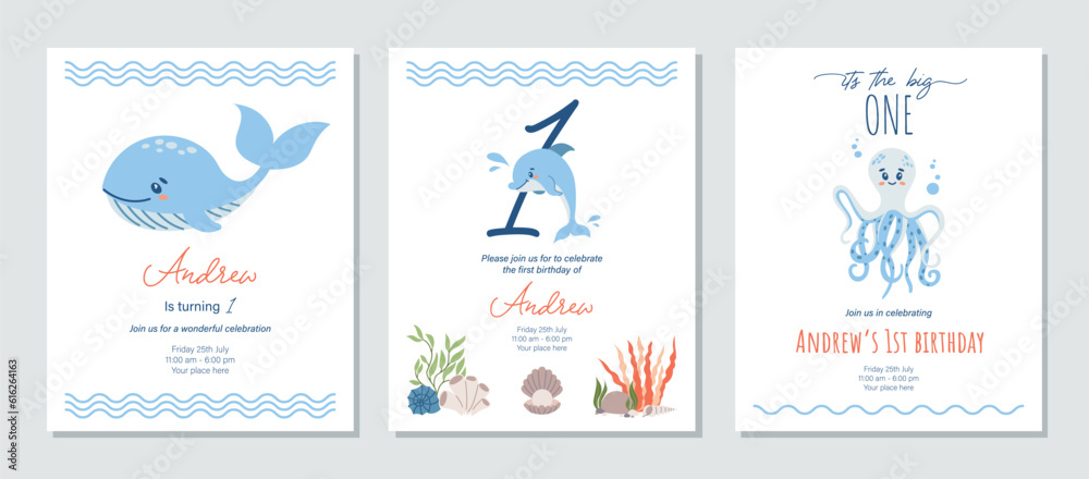 Fototapeta premium Under the sea birthday invitation with sea animals. Nautical baby shower invite. Printable baby boy invitation. Red and blue colors. Ocean themed birthday party template. Vector illustration