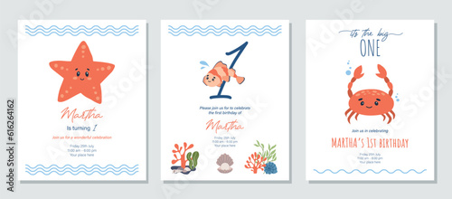 Under the sea birthday invitation with sea animals. Nautical baby shower invite. Printable baby girl invitation. Red and blue colors. Ocean themed birthday party template. Vector illustration