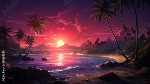 Retrowave Beach Landscape mit Palmen, Strand, Wellen, Sonne und Sonnenuntergang. Synthwave, Futuresynth, Outrun. Querformat. Generative Ai.