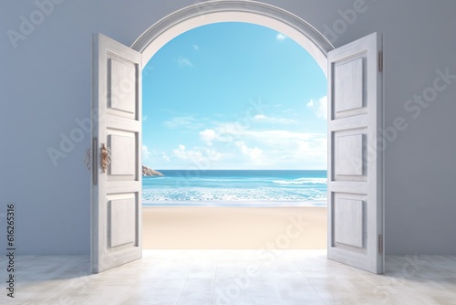 Opened door at the sand beach with sea view
