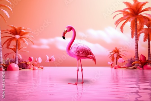 Pink flamingo and palm tree on pink summer background