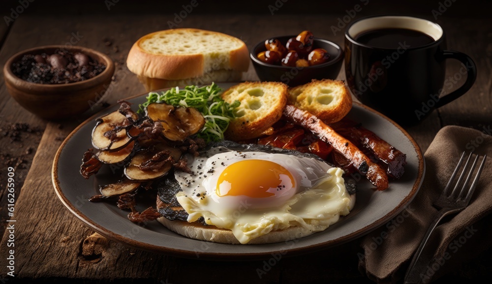 A traditional breakfast of fried eggs and bacon, mushrooms, toast, and coffee on a dark background.