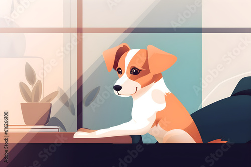  Flat vector illustration cute puppy lying on the bed in the living room clear sunny day close up indoors studio photo day light concept of care education obedience training and raising pets 