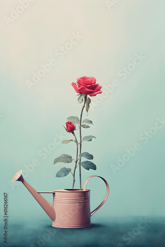 A carmine red roses and 
watering can,minimalist retro style, blue background