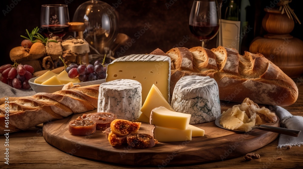 Fototapeta premium A Spread of Crusty Bread, Fine Wine, Cheese, and Grapes