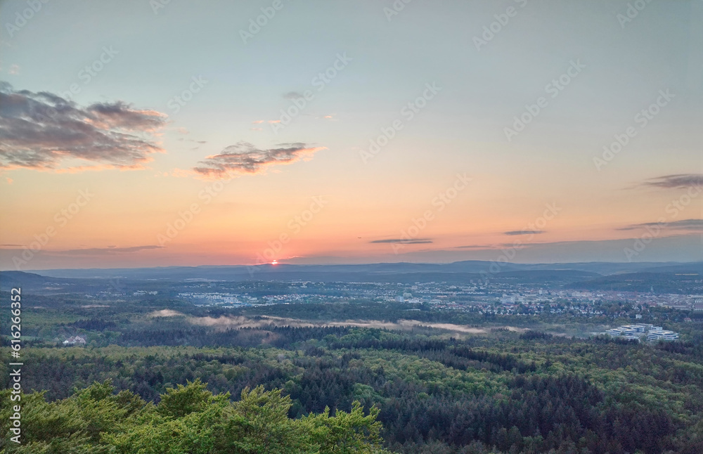 Panorama of Kaiserslautern  from Humberg Tower in sunset