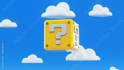 video game question mark mystery block on blue sky with clouds - loop animation