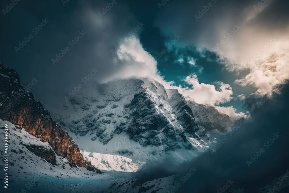 majestic snow-capped mountain peak with cloudy skies. Generative AI