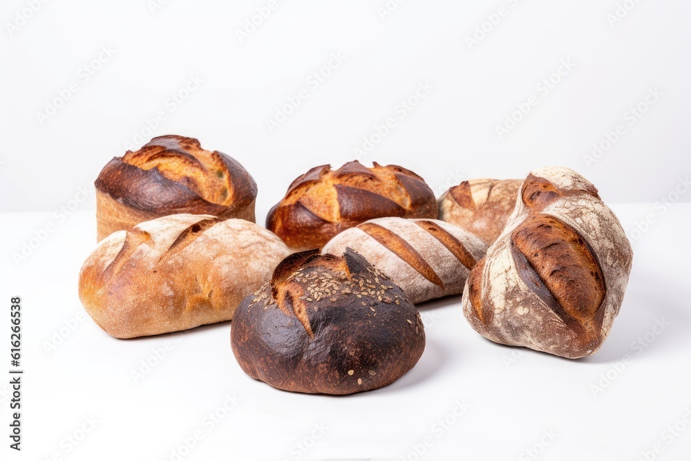 Illustration of various types of bread arranged on a white table