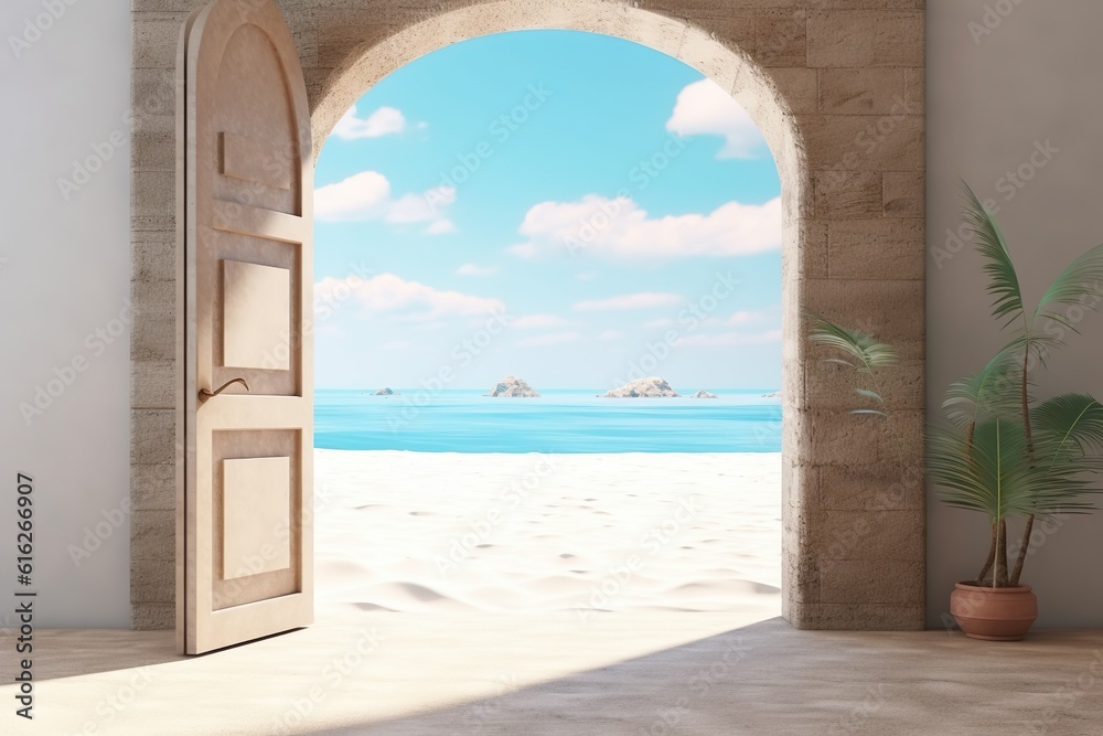 Opened door at the sand beach with sea view