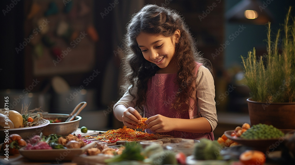A young ethnic girl wearing a vibrant traditional outfit, skillfully preparing ingredients in a beautifully decorated kitchen Generative AI
