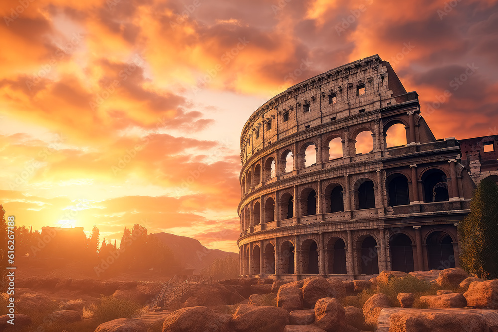 The Roman colosseum at sunset in Rome, Italy