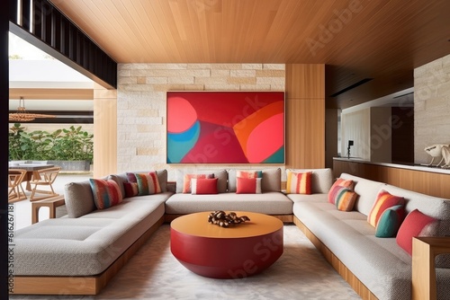 cozy living room with stylish furniture and an art piece on the wall