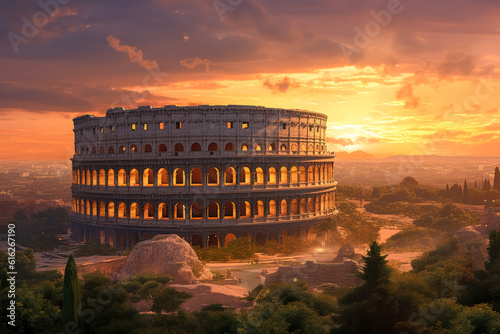 Vászonkép The Roman colosseum at sunset in Rome, Italy