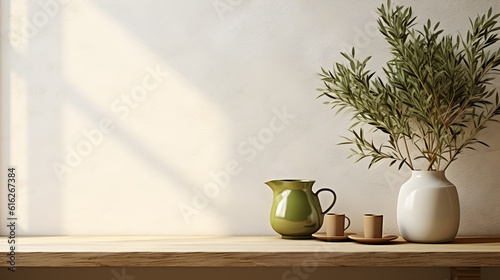 A vase with a plant in it on a table, morning sun, Breakfast concept, Beige wall background, Generative AI