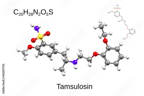 Chemical formula, skeletal formula and 3D ball-and-stick model of tamsulosin