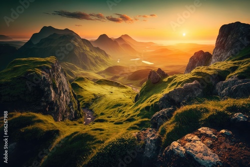 colorful sunset over a majestic mountain range. Generative AI