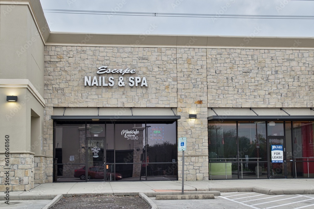 Escape Nails and Spa storefront exterior in Humble, TX. Luxury spa and