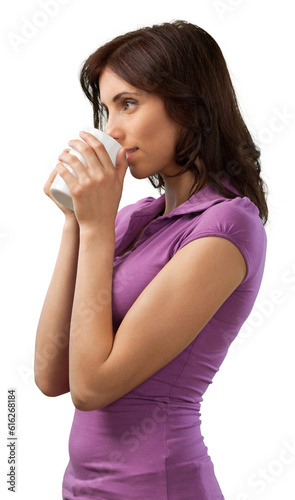 Woman Standing and Drinking Hot Drink - Isolated