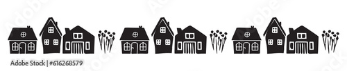 Banner of quirky house vector illustrations for graphic edging. Childish linocut rural cottage town border in scandi style. 