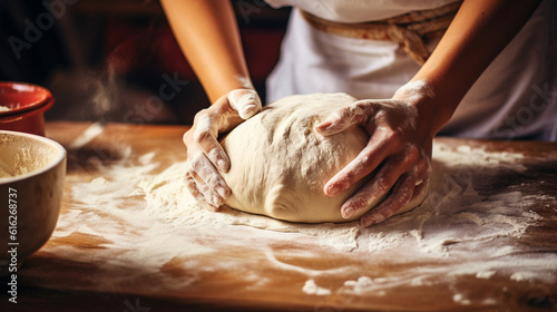A close-up shot of an ethnic girl's hands kneading dough on a wooden countertop, creating traditional homemade bread Generative AI