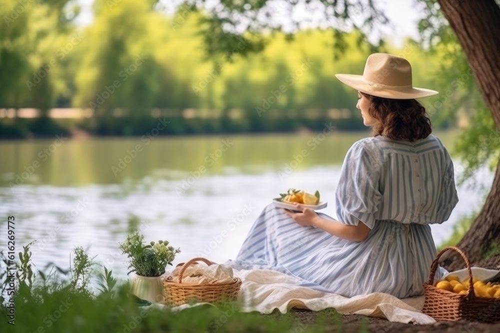 The curly woman rest in a picnic near the lake. AI Generative The curly woman rest in a picnic near the lake. AI Generative