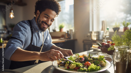 An ethnic girl with a radiant smile, plating a beautifully presented salad with vibrant ingredients in a modern kitchen Generative AI