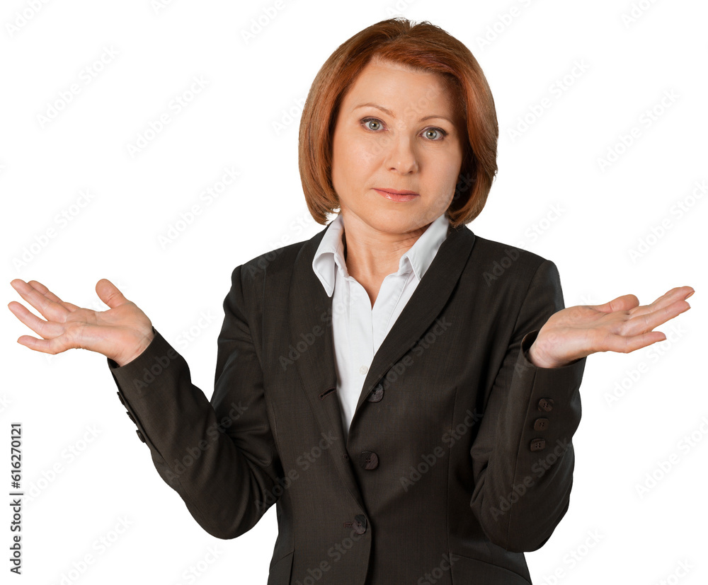 Adult businesswoman shrugs up gestures confusion Adult businesswoman shrugs up gestures confusion
