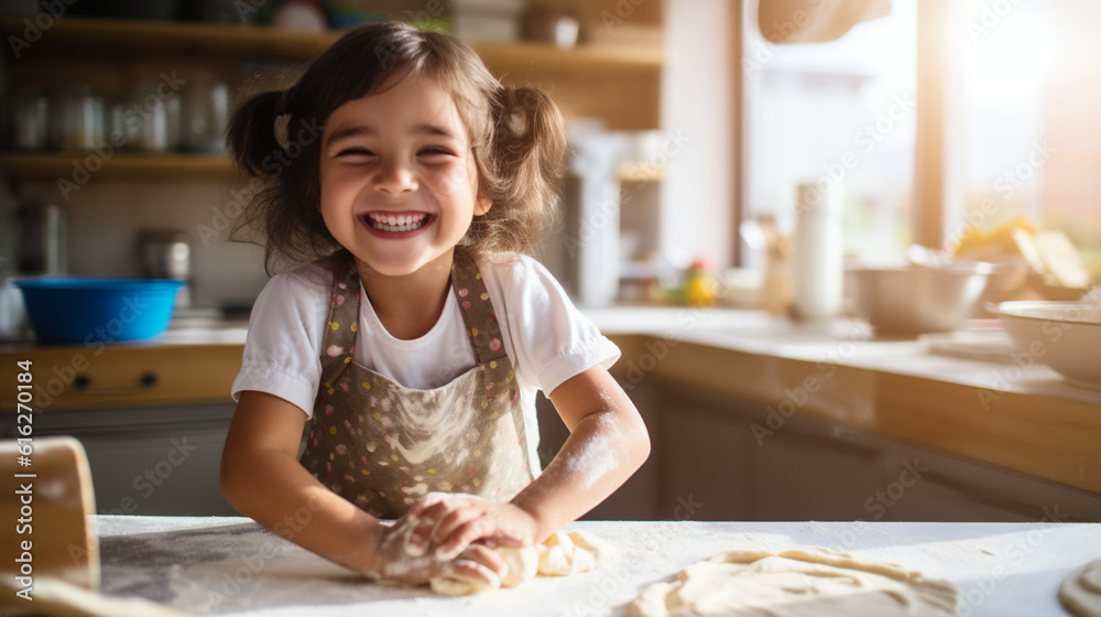 A joyful ethnic girl rolling out dough for handmade pasta on a marble countertop, with a variety of kitchen tools at her disposal Generative AI A joyful ethnic girl rolling out dough for handmade pasta on a marble countertop, with a variety of kitchen tools at her disposal Generative AI