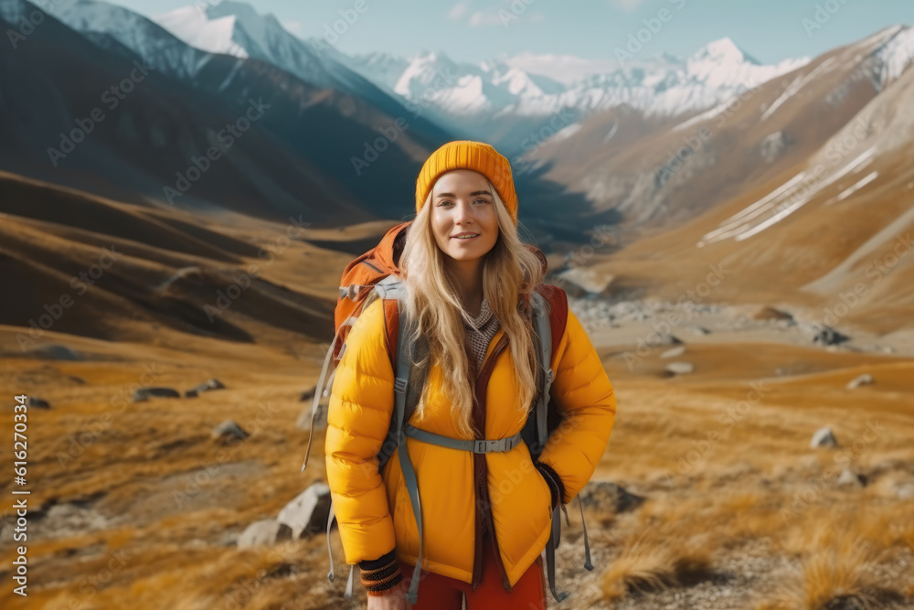 portrait of woman with backpack enjoying hiking. AI Generative