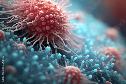 Beautiful 3d rendering of VIRUS microscope. perfect background for your computer or laptop. Perfect  colors are beautiful. Perfect to use for your website, content, linkedin post (Generated with AI) photo