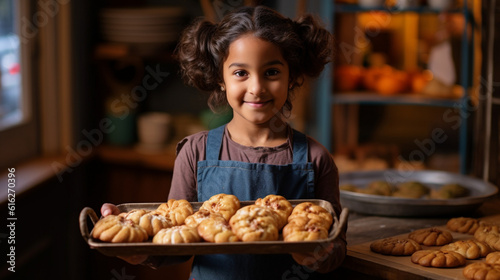 A proud ethnic girl proudly displaying a tray of homemade pastries, freshly baked and arranged in a charming kitchen Generative AI