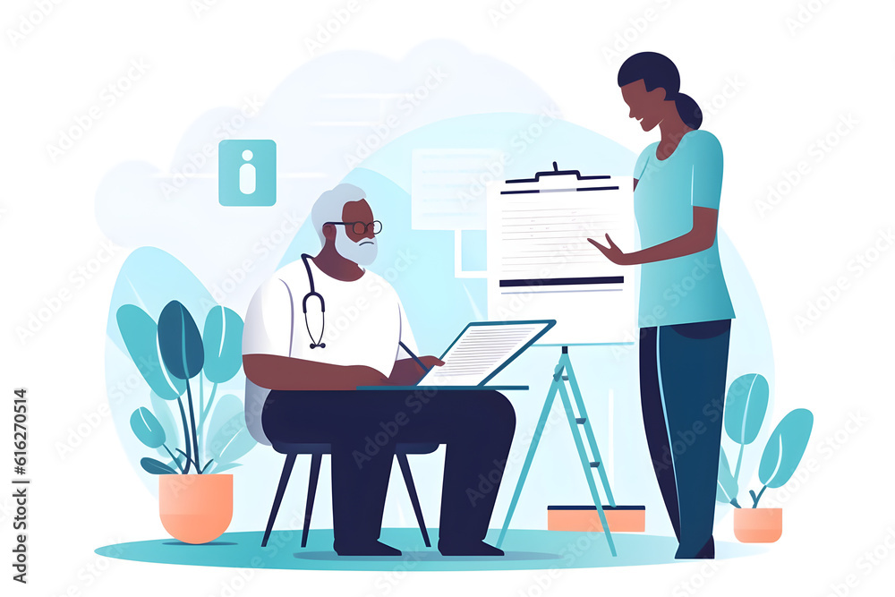  Flat vector illustration consulting medical and checklist with old man and nurse for retirement rehabilitation or physical therapy help empathy and healing w patient and black woman in nursing home f