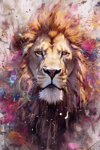 lion form and spirit through an abstract lens. dynamic and expressive lion print by using bold brushstrokes, splatters, and drips of paint. lion raw power and untamed energy 