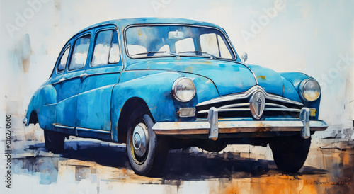 Blue rusted classic in the style of artistic watercolor brush strokes. 